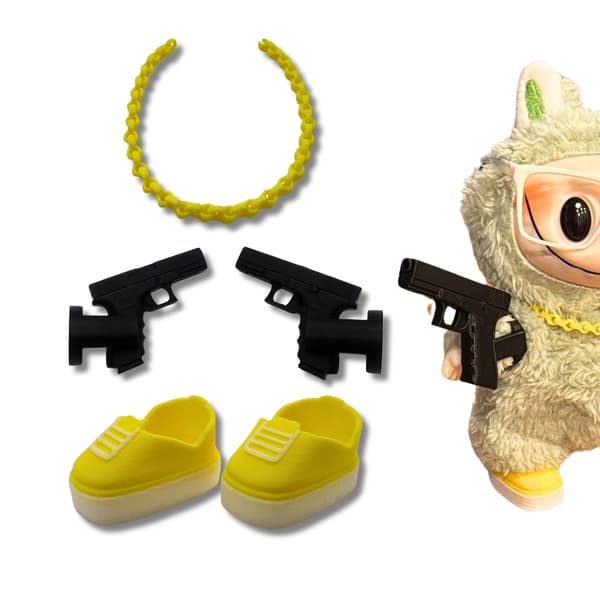 Labubu Street tilbehørssett – Mini Glock-våpen, kjede og joggesko