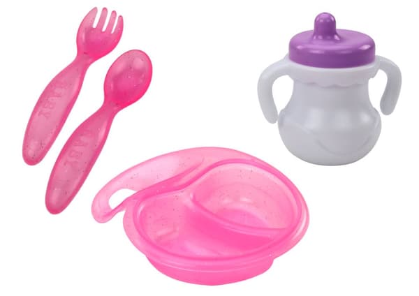 Babydukke, tøj med flamingoer, pandebånd, fodertilbehør