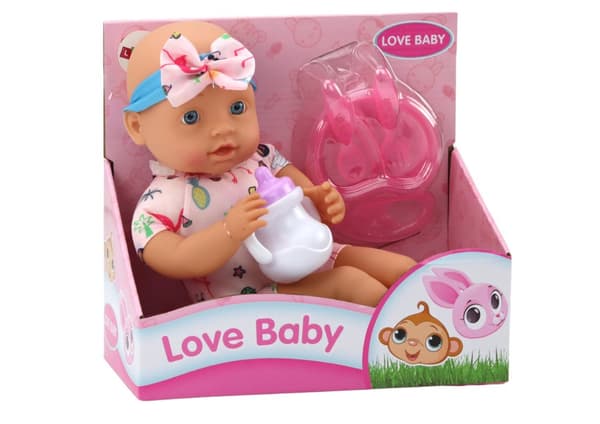 Babydukke, tøj med flamingoer, pandebånd, fodertilbehør