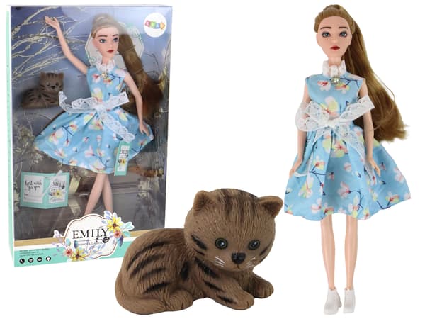Lasten nukke Emily Spring pitkäkarvainen sininen mekko kissanpentu