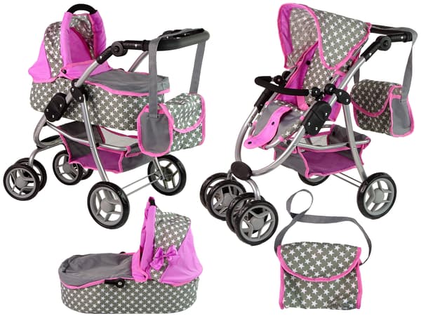 Dukkevogn Klapvogn 2 i 1 Gondoltaske Pink Stars