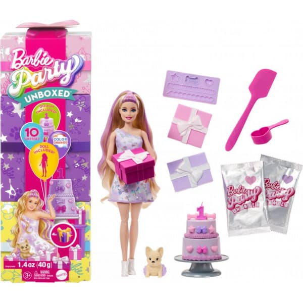 Barbie Fest Unboxed Fødselsdagsrosetter dukke og kæledyr