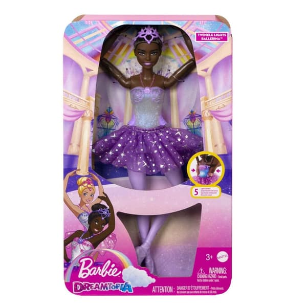 Barbie Dreamtopia Twinkle Lights -ballerinanukke, ruskeaverikkö, jossa on valo-ominaisuudella varustettu irrotettava pääpanta ja tutu