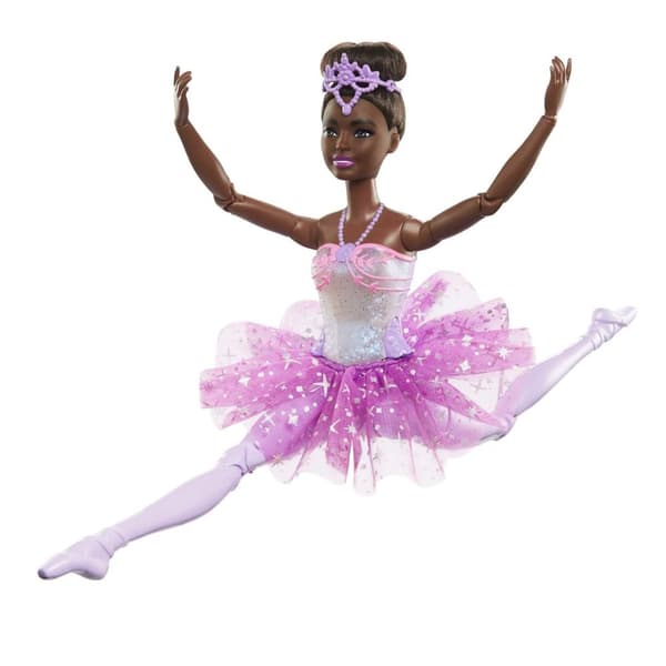 Barbie Dreamtopia Twinkle Lights -ballerinanukke, ruskeaverikkö, jossa on valo-ominaisuudella varustettu irrotettava pääpanta ja tutu