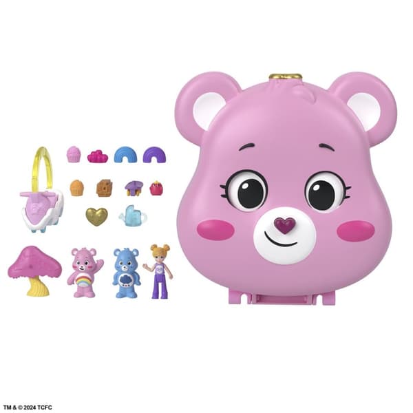 Polly Pocket x Care Bears dukker og legesæt med legetøjsbil og tematilbehør, kompakt rejselegetøj
