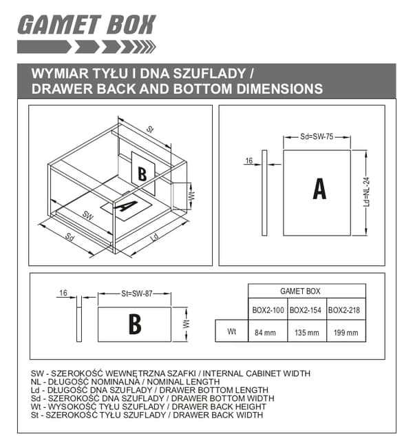 GAMET BOX2 skuffe, firkantet skinne, høj, hvid, 450 mm