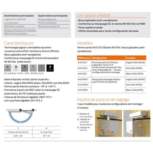 Bricard Hydraulisk dörrstängare Vit 6451251. Kraft 1 till 3 (60kg). Snabb och enkel installation. 100% reversibel.