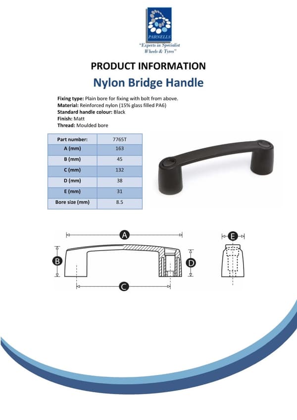 Brohåndtag i nylon - 132 mm hulafstand, bolt fra oven