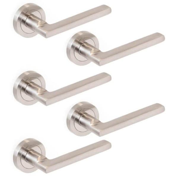 Dörrhandtag Jdel Set med 5 innerdörrhandtag med 5 mm rosett, aluminium och zamak, satin nickel