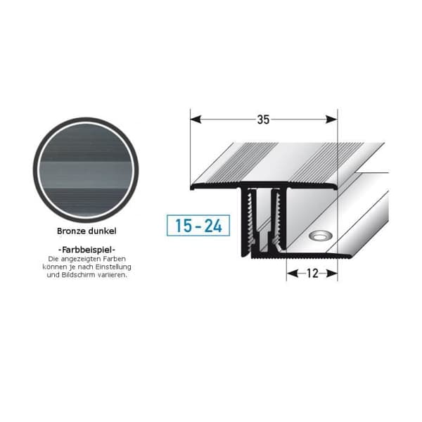 Laminat-parkett clip-on tröskel bar | höjd 15-24 mm | Anodiserad aluminium | Färg:silver | Längd:2700 mm | Bredd: 35 mm