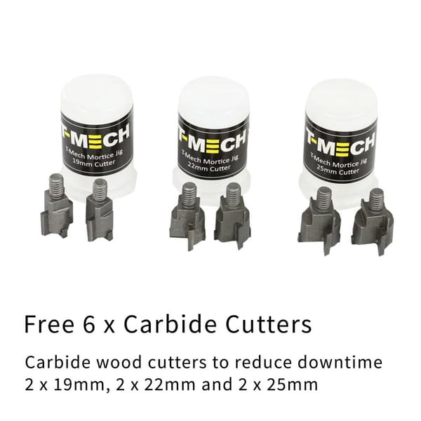 T-Mech Mortice Jig Dörrlåsmontering Set Trämejselborr Mortiseringskit / 6 karbidträskärare, 19 mm, 22 mm, 25 mm