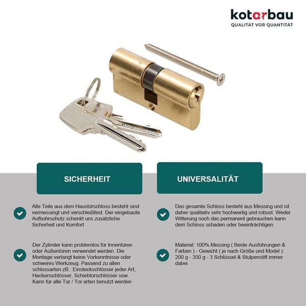 Kotarbau Låscylinder 25/30 i mässing - Profilerad dörrcylinder - Mässingspläterat dubbelcylindrigt säkerhetslås