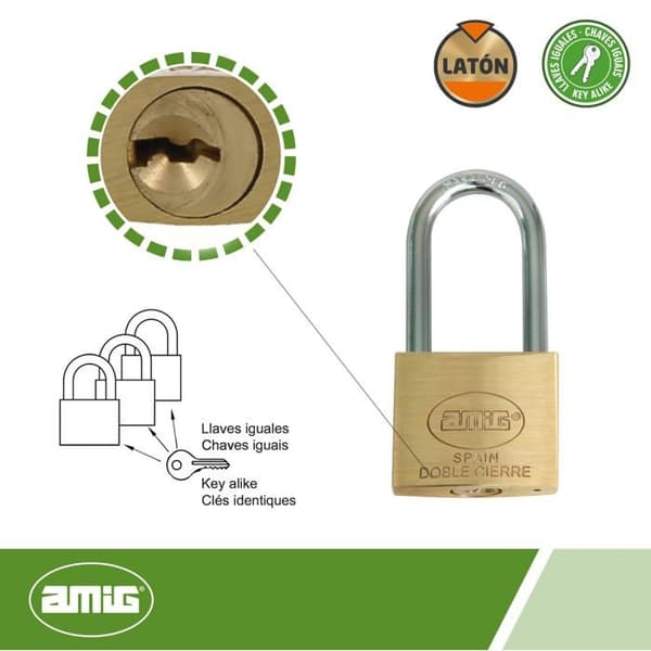 Amig hänglås - Modelo 31 - 1514 Långt bygelhänglås med identiska nycklar Modell 31 Mässing och stålbåge Bredd 40 mm