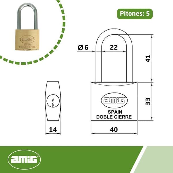 Amig hänglås - Modelo 31 - 1514 Långt bygelhänglås med identiska nycklar Modell 31 Mässing och stålbåge Bredd 40 mm