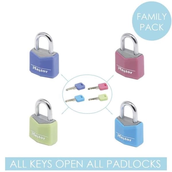 Små hänglås - MASTER LOCK - 9120EURQCOLNOP - Gemensamma nycklar - Familjepaket med 4 - Diverse färger