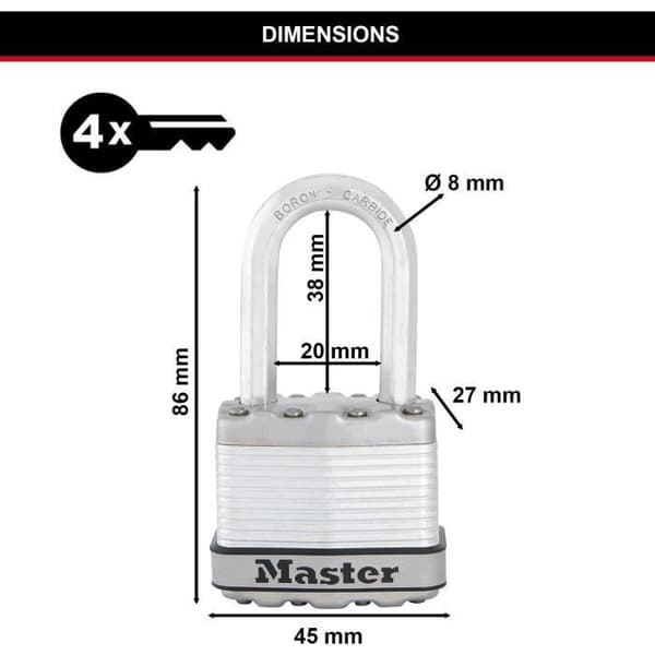 Högsäkerhetshänglås - MASTER LOCK - M1EURDLFCC - Nyckel - Laminerat stål - Exteriör - Shackle M