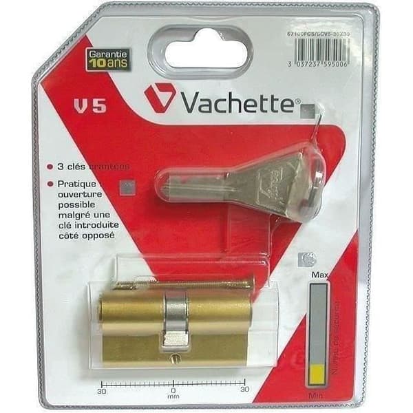 Europeisk cylinder VACHETTE - mässing - 35x35 mm - Med nyckel - Polerad - Anti-bypass skydd