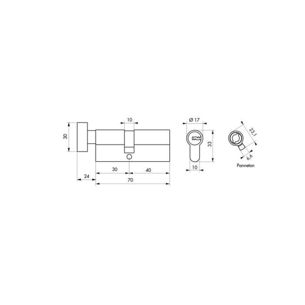 THIRARD - Cylindrisk lås med knapp Transit 1, 30Bx40mm, förnicklad, 5 nycklar