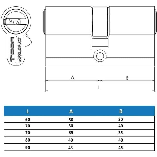 Tesa Assa Abloy TK153035L Cylindertyp i hög säkerhet TK100 Dubbelkoppling i mässing 30 x 35 mm Lång nyckel