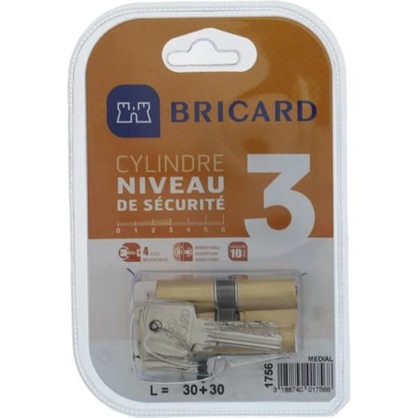 BRICARD MEDIAL 1756 Cylinder 30 + 30 mm dubbelöppning gul mässing säkerhetsnivå 3