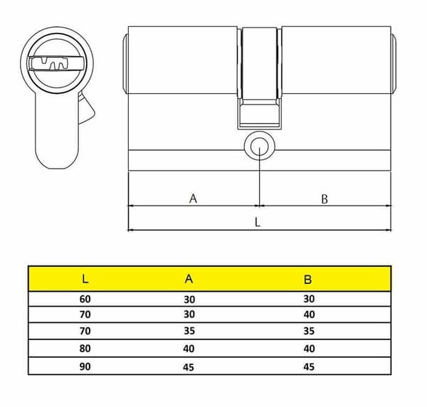 Lås - cylinder - cylinder - Yale lås - HSK3030LT4 - Högsäkerhetscylinder med knapp, mässing, 30 x 30 mm