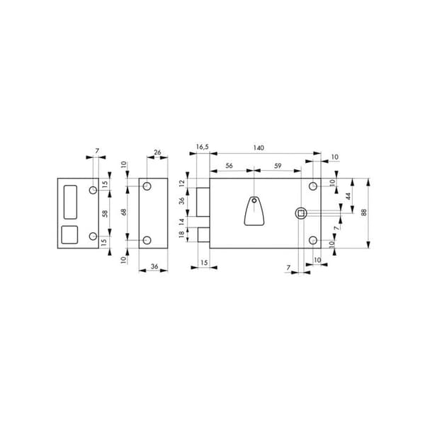 Fälglås 6 spår med medföljare 140x88 mm vänster för entrédörr 140 x 88