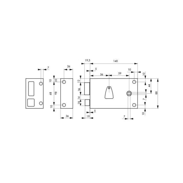 Gallerytlås - THIRARD - 140x88 mm vänster - Rostfritt stål - 2 ingångar - 5 stift