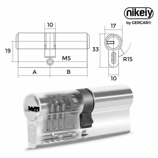 Gercar - GZ-17 - Set med 2 låscylindrar 35/35 profiler - Med 10 nycklar - Längd: 70 mm - A: 35 B: 35 - Set om 2