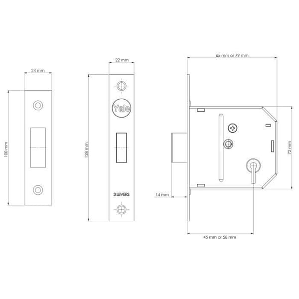 Yale Locks PM322 3 Mortice Deadlock Spak polerad mässing 65 mm 2,5 tum YALPM322PB25