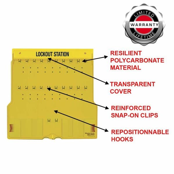 Huvudlås - 1484B - Lockoutstation [Kapacitet 20 Hänglås] [Tom] -, Plast, Gult, 63,5 cm x 63,5 cm x 8,1 cm