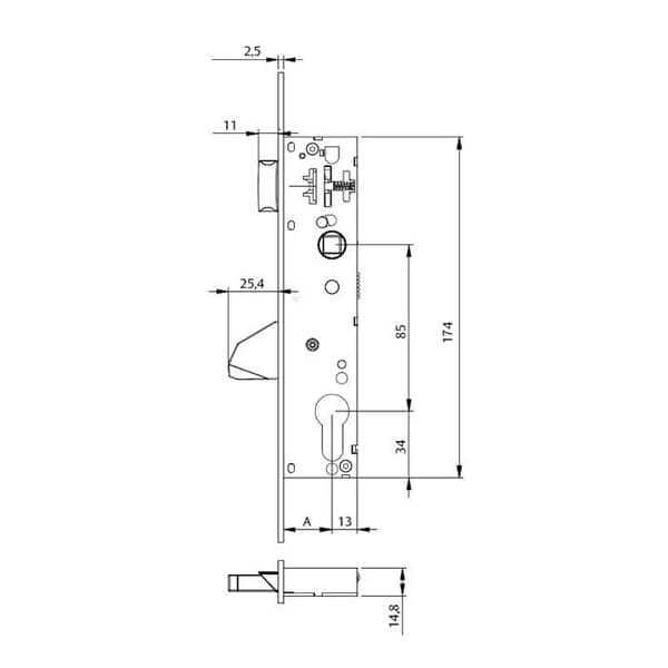 Lås - pipa - cylinder - Tesa-lås - 2210BE203AI - Assa Abloy 2210253 Enpunktslås för metallprofil,