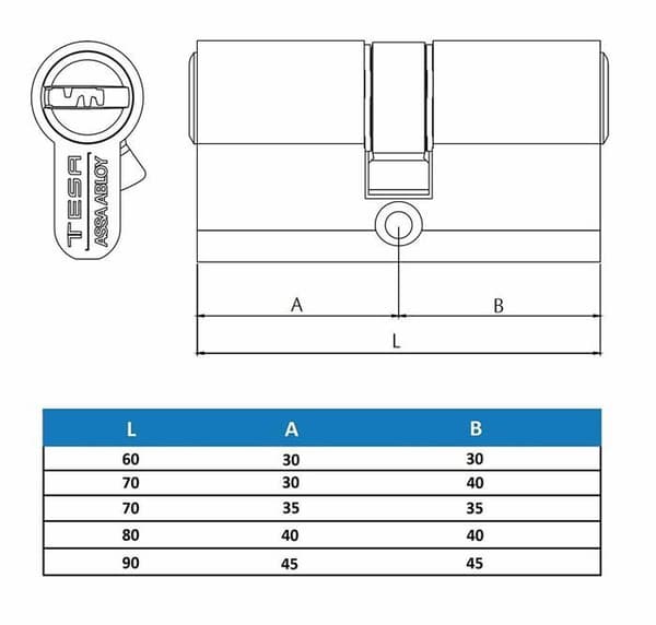Tesa - TX853545N - Assa Abloy, högsäkerhetscylinder TX80 Dubbelkoppling lång kamförnicklad nyckel 35 x 45 mm