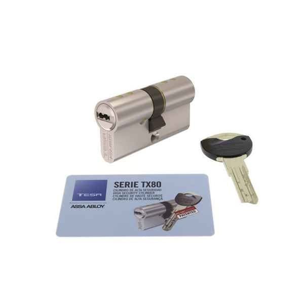 Tesa - TX854050N - Assa Abloy, högsäkerhetscylinder TX80 Dubbelkoppling lång kamförnicklad nyckel 40 x 50 mm