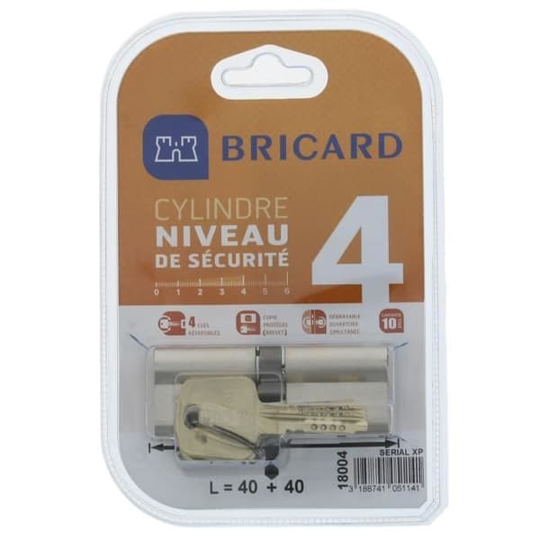 BRICARD SERIAL XP 18004 Cylinder 40 + 40 mm dubbel ingång förnicklad säkerhetsnivå 4