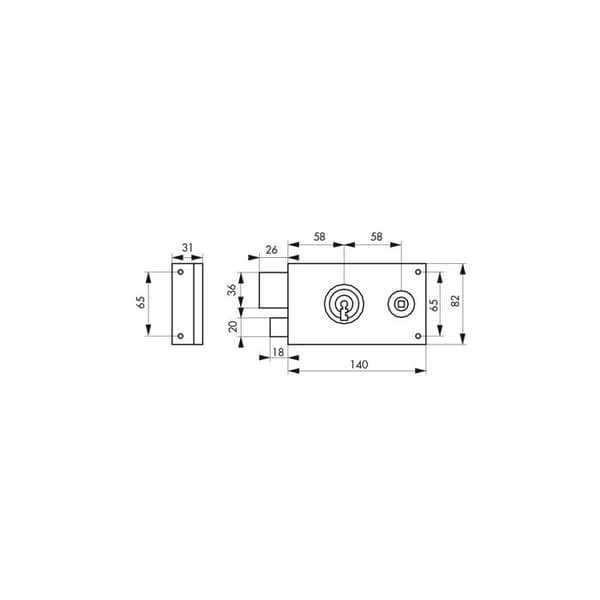 THIRARD - 4-gas lås med nyckel för port, vänster, axel 58mm, 140x82mm, förzinkad, 2 nycklar