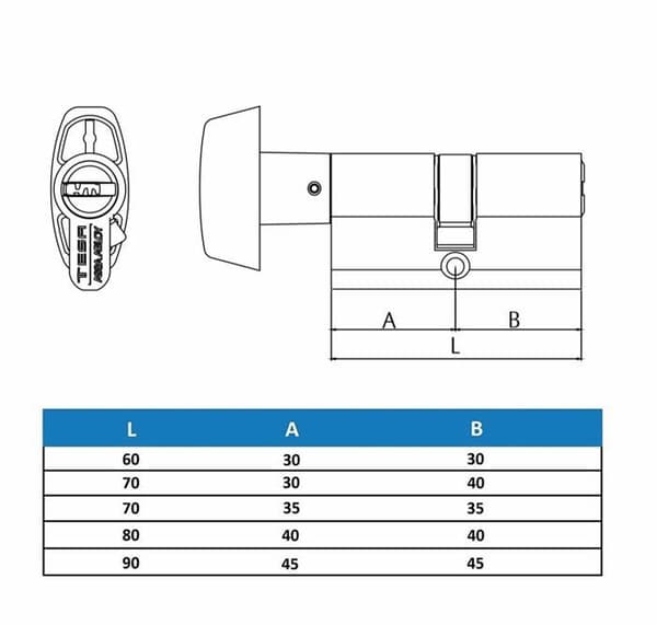 Tesa assa abloy - T65B3040L - Standard säkerhetscylinder T60, nyckel i mässing, 30 x 40 mm, med lång kamknapp