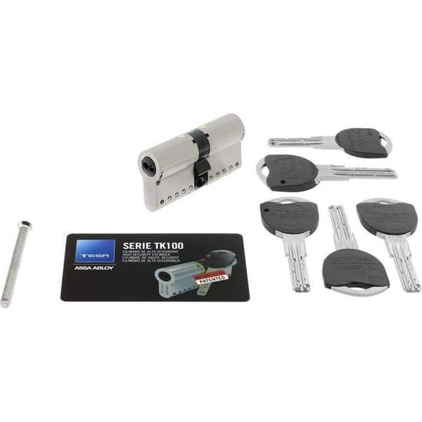 Tesa Assa Abloy TK153045N Cylinder av hög säkerhet TK100 Dubbelkoppling förnicklad 30 x 45 mm Långt nyckelhål