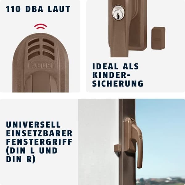 ABUS Fönsterhandtag med Lås FG300A AL0125 - Med Tryckcylinder och Larmfunktion, Brun