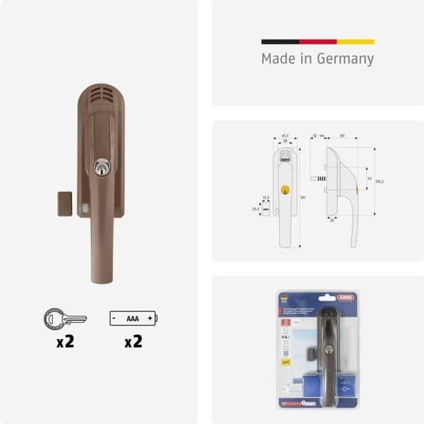ABUS Fönsterhandtag med Lås FG300A AL0125 - Med Tryckcylinder och Larmfunktion, Brun