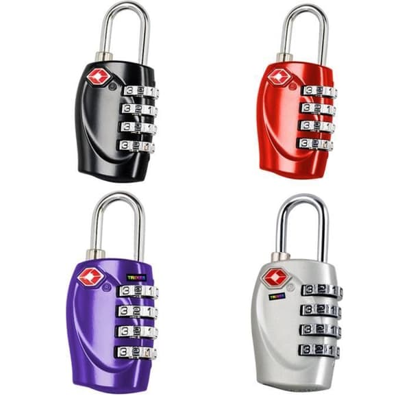 Hänglås - TRIXES - Paket med 4 - 4-siffrig kod - TSA - Färg Svart, Silver, Röd, Violett