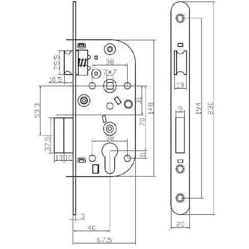 Cylinderhålsförsänkt lås - YALE - Y60R-A40/N - 40mm axel - 148mm box - Entrédörr, känsliga lokaler - Svart