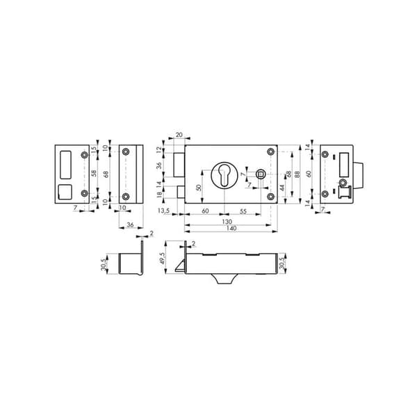 THIRARD - Horisontell cylinderlås med fyrkantig hylsa för vänster entré, 140x88mm, fyrkant 7mm, svart