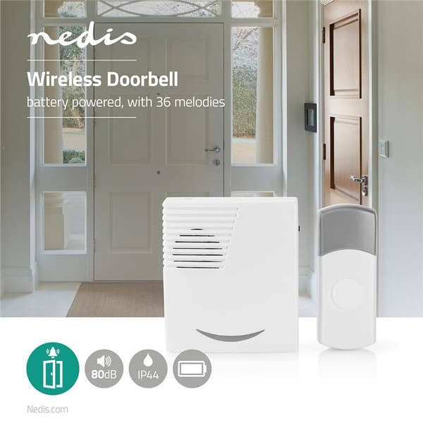 Nedis Trådløs ringeklokke Set | Batteri drevet | 3 V DC | 1x CR2032 | Volum: 80 dB | Signalområde (siktelinje): 300 m | IP44 | 36 Melodier | 1 Mottake