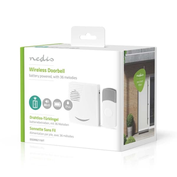Nedis Trådløs ringeklokke Set | Batteri drevet | 3 V DC | 1x CR2032 | Volum: 80 dB | Signalområde (siktelinje): 300 m | IP44 | 36 Melodier | 1 Mottake