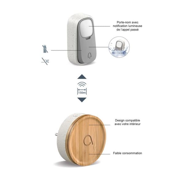 Bambu 80 (= diameter) x 70 mm (d) trådlös batterilös miljövänlig ringsignal 100 % återvunnen grå plast och 100 % bambu fram