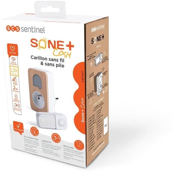 Trådlös och batterifri ringsignal med integrerat uttag - SCS SENTINEL - CSF0105 - SONE + Cozy - 25 melodier