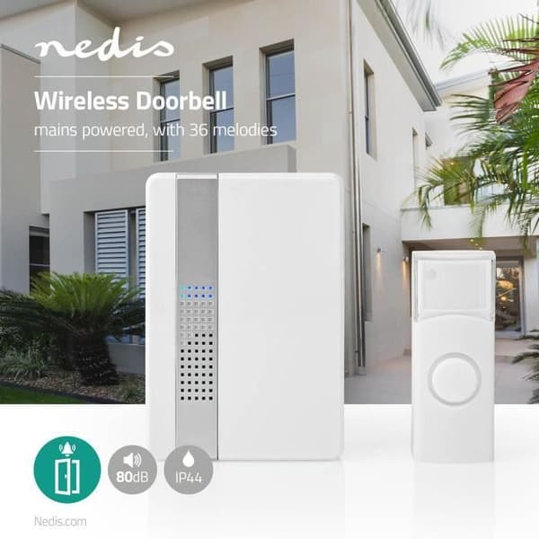 NEDIS Trådlös dörrklocksats - Nätadapter - 80dB - 36 melodier - Vit