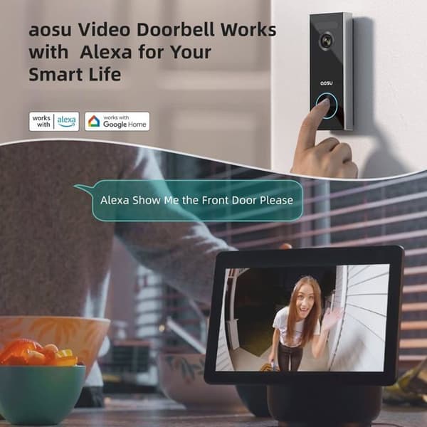 AOSU Videodörrklocka Trådlös med Batteri, Trådlös Utomhusdörrklocka Vattentät med HD 2K, Superbred Vinkel på 166°