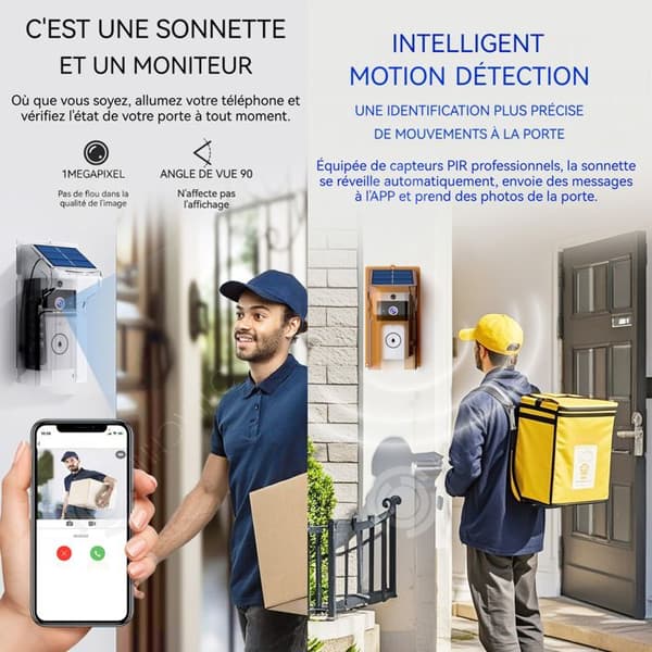 INN Trådlös dörrklocka 3600mAh visuell dörrklocka med solenergi 720x1280 HD-kvalitet röstintercom Wi-Fi 2,4G PIR-sensor