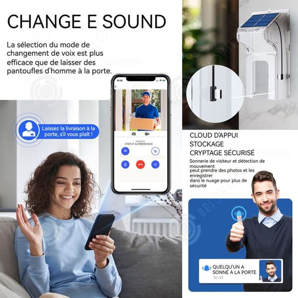 INN Trådlös dörrklocka 3600mAh visuell dörrklocka med solenergi 720x1280 HD-kvalitet röstintercom Wi-Fi 2,4G PIR-sensor